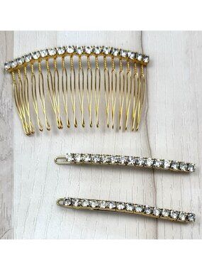 VTG 3pc Lot Goldtone & Rhinestone 2.5" HAIR COMB & HAIR CLIPS Made in France EUC
